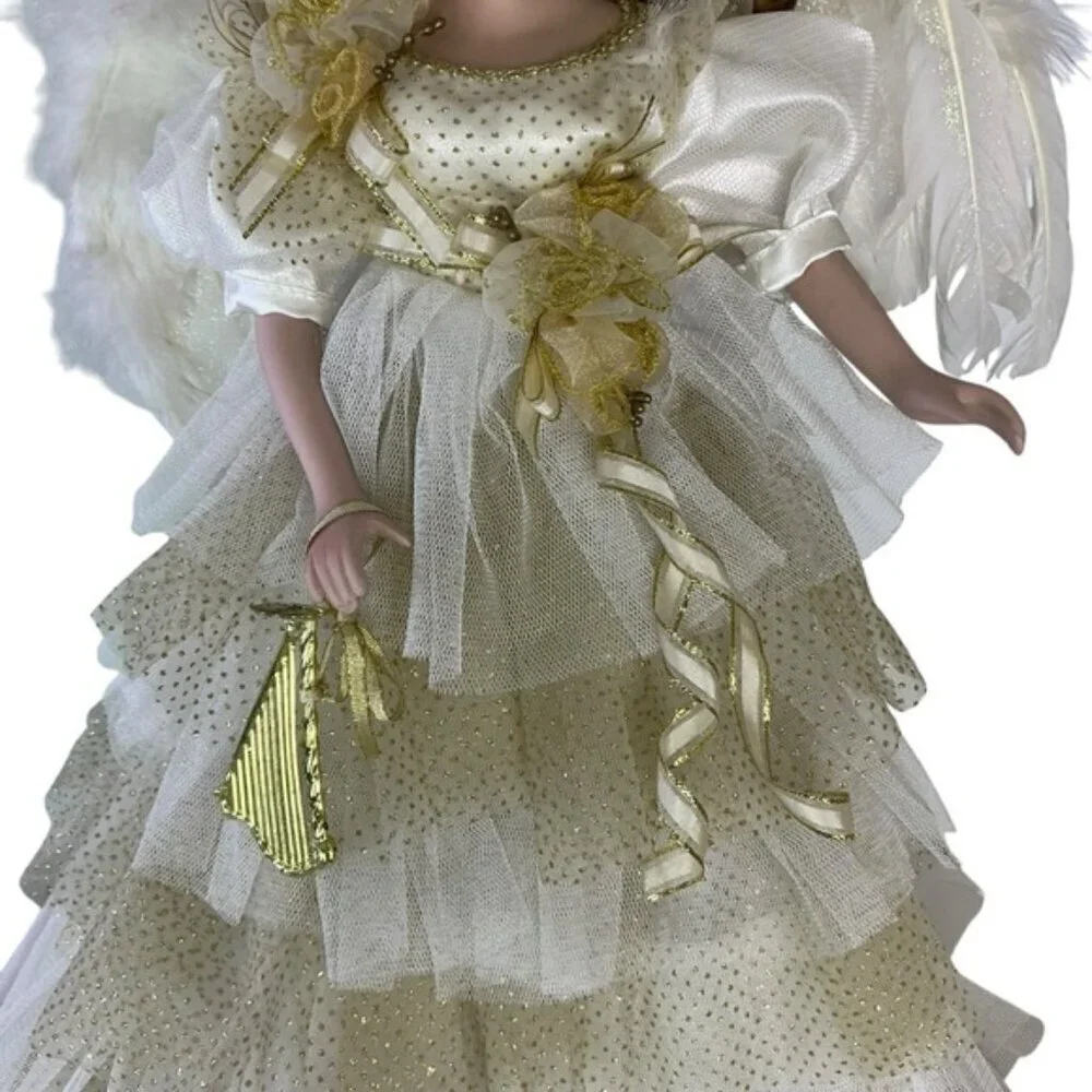 Vintage Porcelain Angel Doll 19” Brunette with Stand Gold White Lace Gown 1989